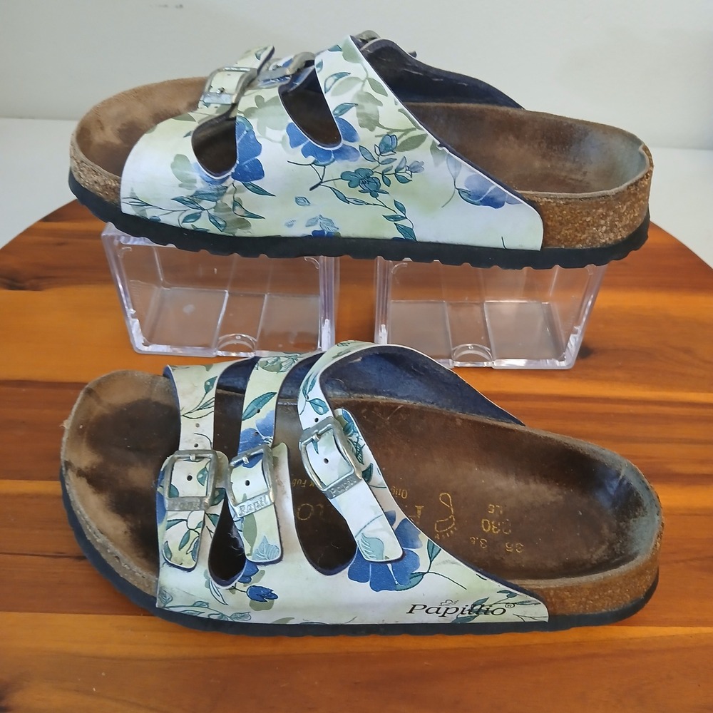 Papillio Birkenstock Florida Sandals Womens 36 Blue Floral Triple Strap Slides